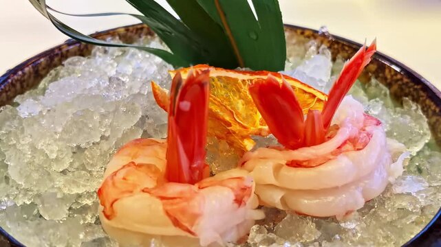 Raw prawns are beautifully served with dried orange slice and green leaf garnish.