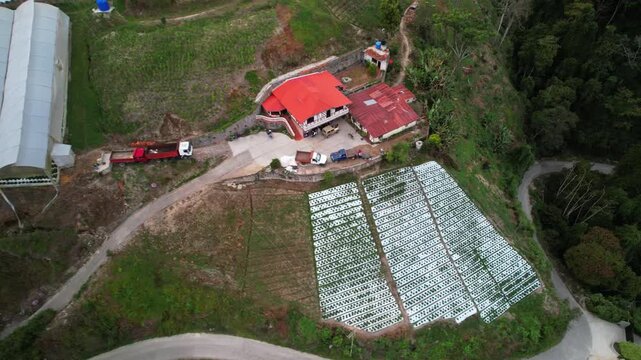Drone around farmhouse and strawberry greenhouses, Colonia Tovar, Venezuela