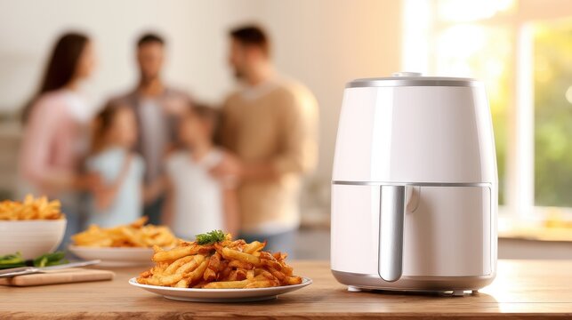 Modern white air fryer sitting on  wooden kitchen counter next to  plate of crispy golden french fries
