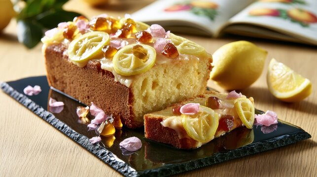 Moist lemon loaf cake topped with candied fruit slices and pink flower petals on slate platter
