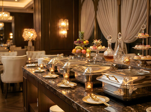 Elegant buffet table with warm lighting in a luxury restaurant setting