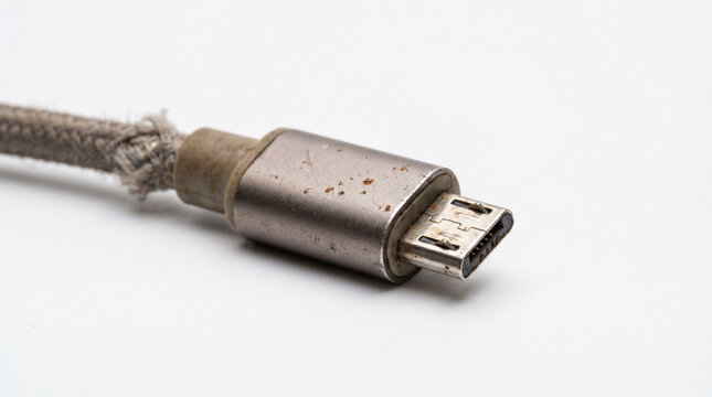 Macro shot of worn old USB connector cable isolated on clean white background, obsolete digital technology and damaged electronic accessory concept.