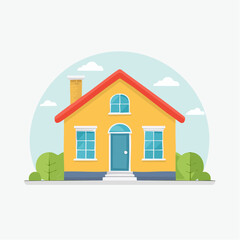 Fototapeta premium Cartoon Yellow House with Red Roof and Blue Door