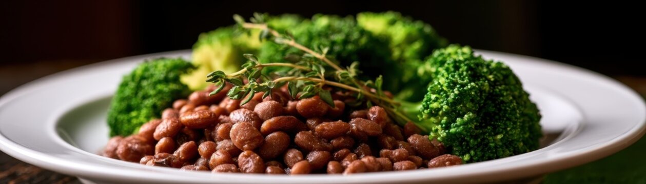 Cooked pinto beans served with fresh steamed broccoli florets and aromatic herbs on  plate