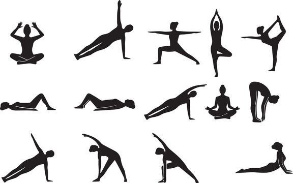 Yoga poses set showing female silhouettes practicing different side plank balance and stretching exercises isolated on white background