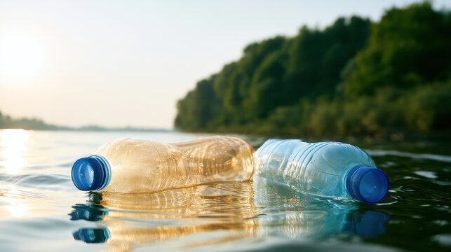Two empty plastic bottles floating on the surface of  river near the green shore at sunset