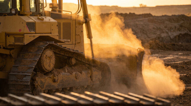Yellow bulldozer working on a construction site at sunset, kicking up dust and dirt