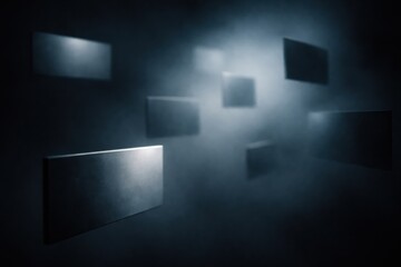 Naklejka premium Boxes appear to float in a dark fog with soft lighting creating shadows and shapes that add depth and mystery to the scene.