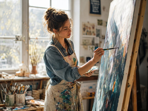Creative young female artist painting on a large canvas in a bright and sunny art studio.