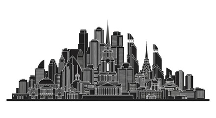 Fototapeta premium Black and white city skyline silhouette featuring modern skyscrapers