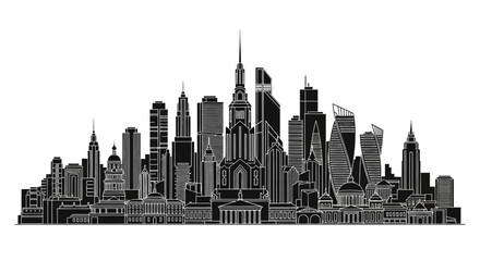 Obraz premium Black and white city skyline silhouette, modern urban landscape