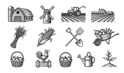 Vintage farm elements collection engravings of barns crops and agricultural tools © ms