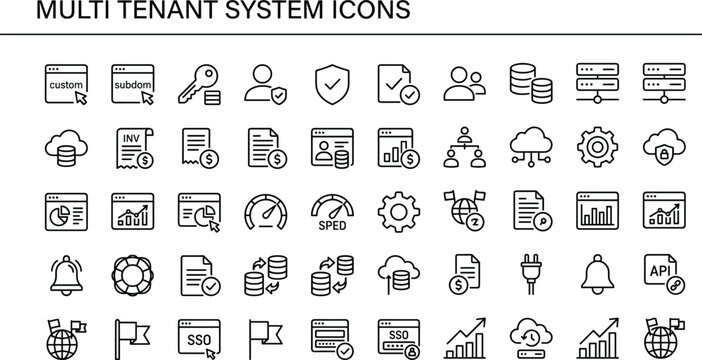 Multi tenant system icon set in minimal outline style for cloud architecture, user management, and scalable software interface design