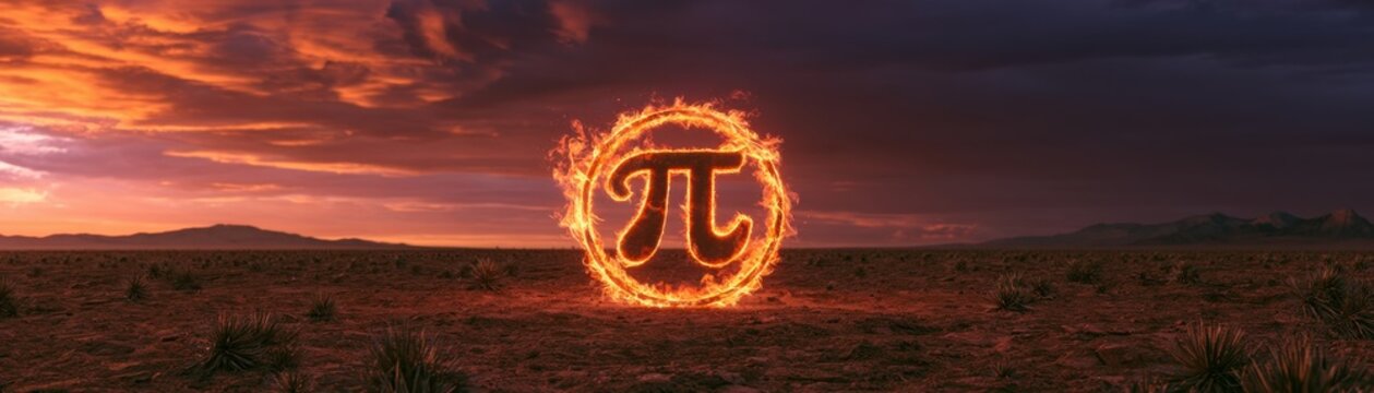 glowing fiery Pi symbol inside  ring of flames standing in  desert at sunset under  dramatic sky
