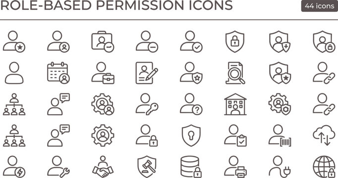 Role based permission icon set in modern outline style for access control dashboard interface and user authorization systems