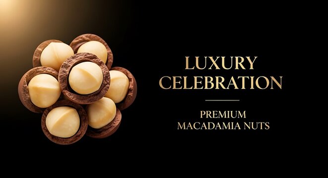 Premium macadamia nuts arranged in a cluster on a black background, luxury food photography