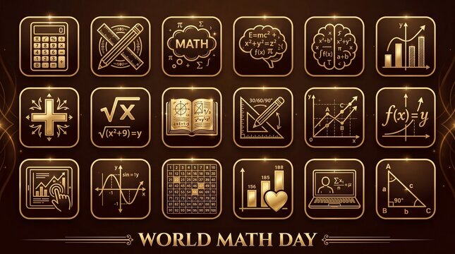 World Math Day &ndash; Golden Math Icons Grid on Dark Background