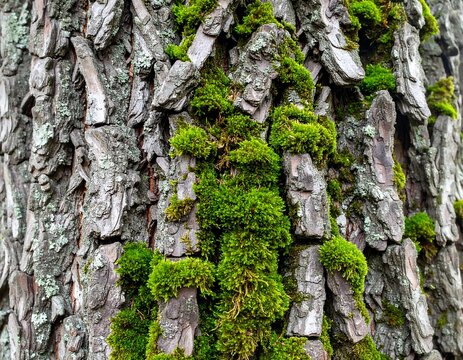 Close-up of a tree trunk with textured gray bark, accented with vibrant green moss clusters, in natural light