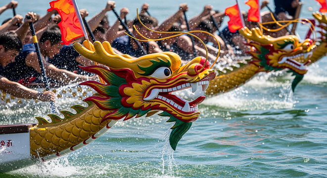 Vibrant dragon head of a traditional dragon boat racing on water.