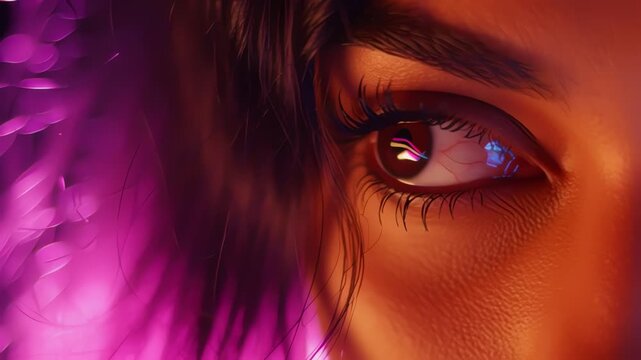Intense Close Up Eyes Under Neon Purple Pink Lighting Creating Cinematic Portrait Mood and Emotion.