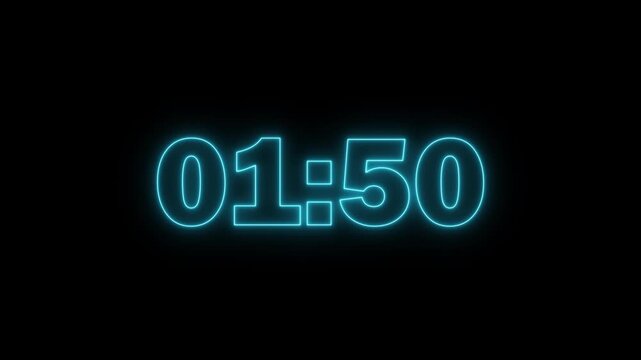 Neon blue digital countdown timer overlay, glowing time clock for broadcast and editing