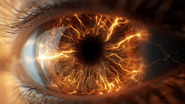 Intense fiery iris close up revealing molten light within the pupil.