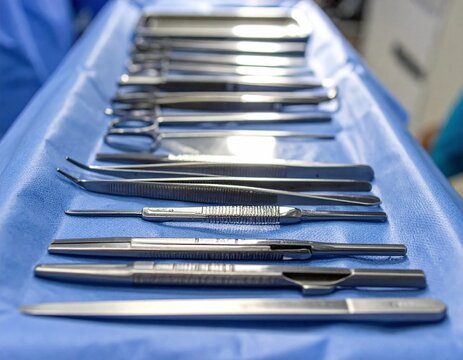 Surgical Instruments Laid Out on Blue Draping for Operation.