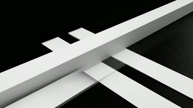 Geometric shapes intersect in a black and white abstract composition with lines and rectangles.