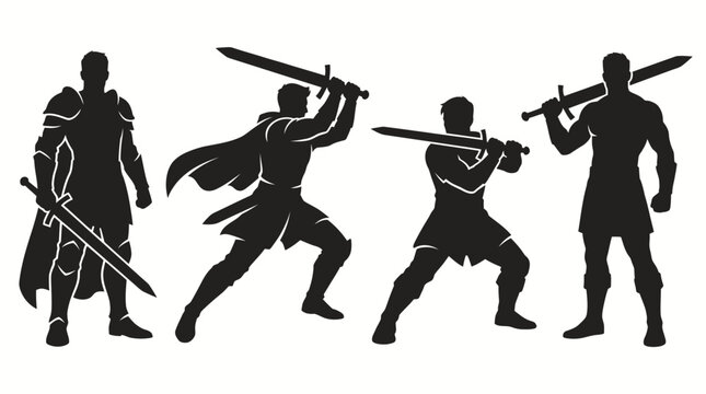 Man Holding Sword Silhouette Collection &ndash; Dynamic Warrior Poses in Minimal Style