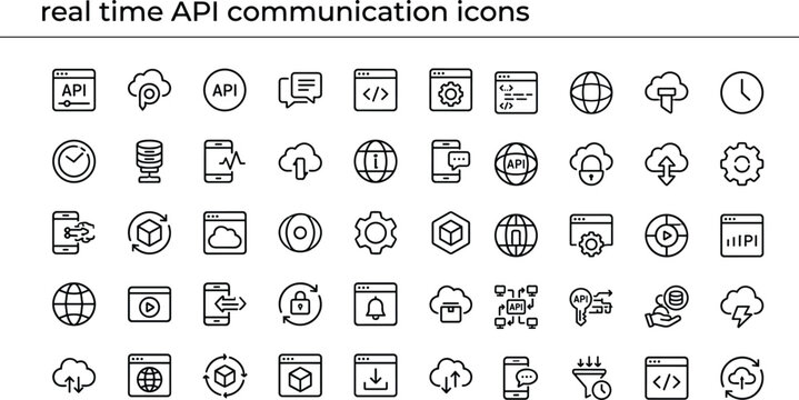 Real time API communication outline icon set with cloud integration data exchange connectivity monitoring and web service vector collection
