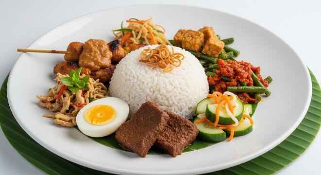 Nasi Campur Indonesian Rice Dish with Satay and Egg.