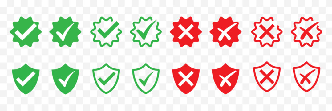 Check tick mark icon set. Cross box x check mark checkbox v list vector draw hand drawn sketch doodle brush marker checklist symbol wrong right circle. Selection Shield Collections. Red and Green Set.