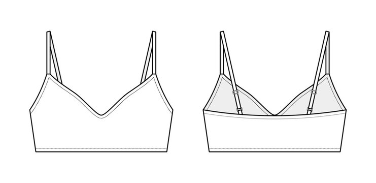 Sporty Plunge Bralette Technical Fashion Illustration. Women Lingerie Inspired Activewear Vector Template. Soft Band Detail. Front and Back View. CAD Mockup Set.