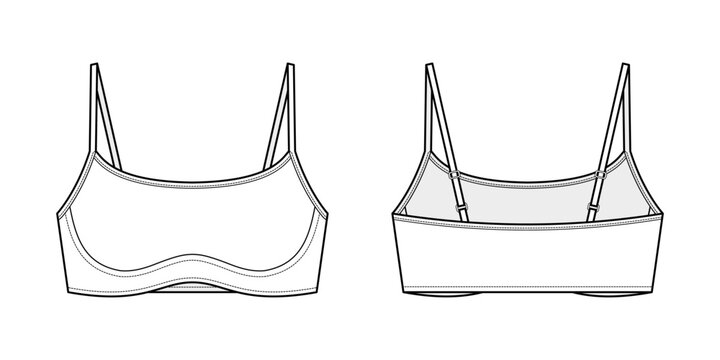 Sporty Square Neck Bralette Technical Fashion Illustration. Women Lingerie Inspired Activewear Vector Template. Sculpted Underbust Seam Detail. Front and Back View. CAD Mockup Set.
