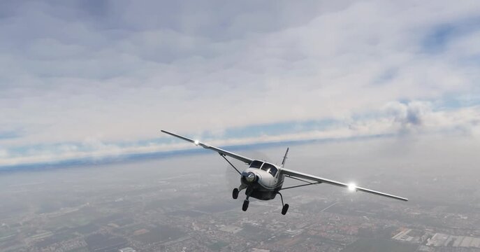 Small Airplane Flying Over Cityscape Under Cloudy Sky.