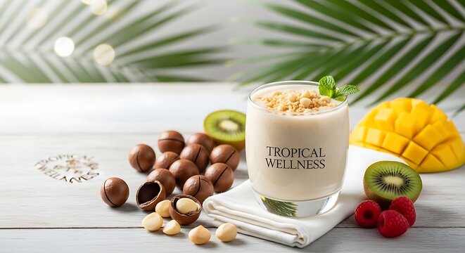 Tropical smoothie with macadamia nuts, kiwi, mango, and raspberries on a wooden table