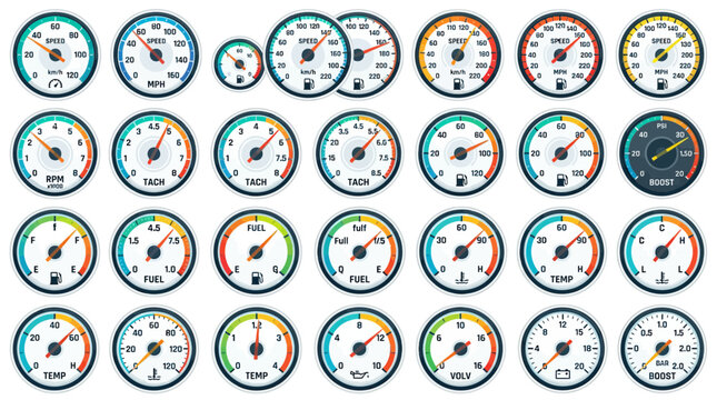Car Dashboard Gauges Collection: Speed, RPM, Fuel, Temp & More