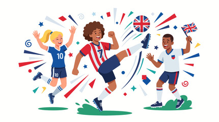 Vibrant Soccer Players Celebrate Victory with Flags and Confetti in a Stadium Scene. © Auhaz