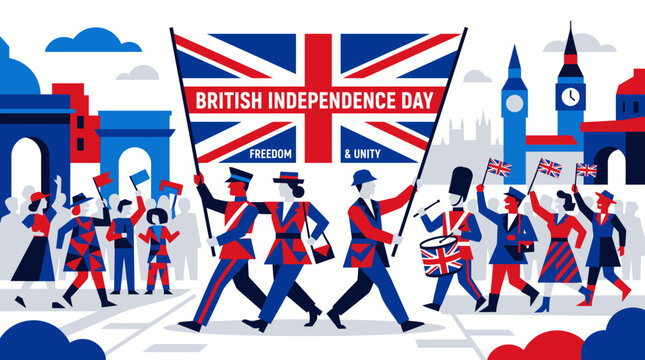 Vibrant British Independence Day parade celebrating culture, unity, and national pride with flags, crowds, and iconic London imagery.
