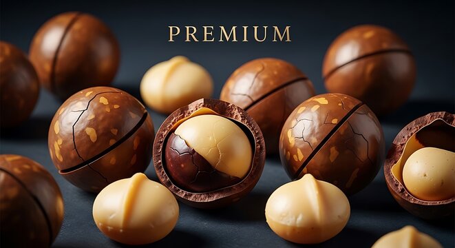 Premium macadamia nuts with shells and kernels on a dark background