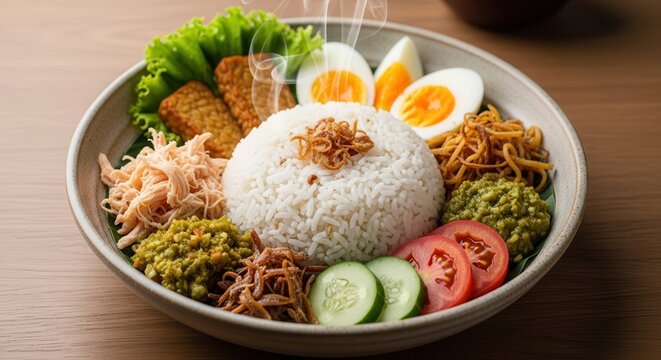 Nasi Uduk Indonesian Traditional Rice Dish with Assorted Sides.