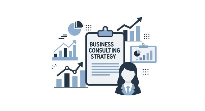 Business consulting strategy illustration with charts and woman character