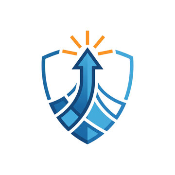 Secure shield encompassing a winding road leading to an upward arrow and bright star logo, symbolizing guided path to success, protected business growth, and strategic vision vector illustration