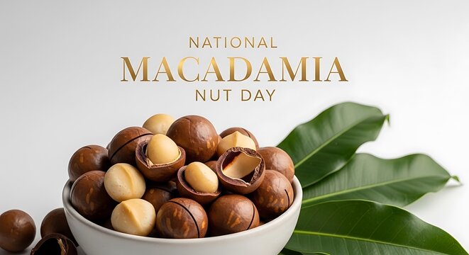 National macadamia nut day, a bowl of fresh macadamia nuts isolated on white background