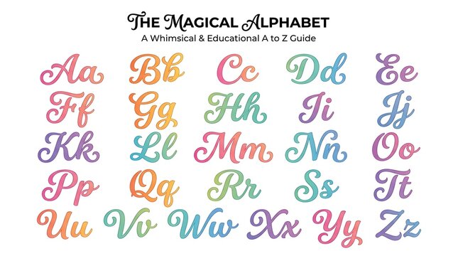 The magical alphabet with whimsical cursive letters in a colorful gradient style for educational and decorative purposes