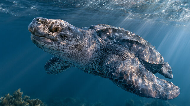 Majestic leatherback sea turtle swimming in the deep blue ocean with sunbeams, Dermochelys coriacea marine life conservation.