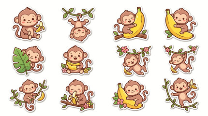 Naklejka premium Collection of Cute Monkeys with Bananas and Branches, Adorable Jungle Animals Vector Graphics