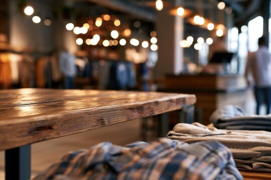 A cozy retail clothing store interior with wooden tables, folded clothes, and warm ambient lighting creating an inviting shopping atmosphere.