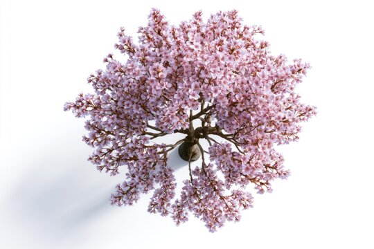 A top-down view of a tree with dense pink blossoms casting a shadow on a white surface.