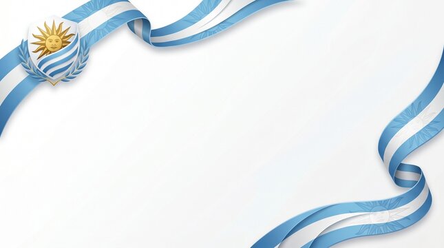 Minimal Uruguay themed championship banner with flowing sky blue and white ribbon, sun-inspired patterns and elegant sports broadcast aesthetic on clean white background with large editable copy space